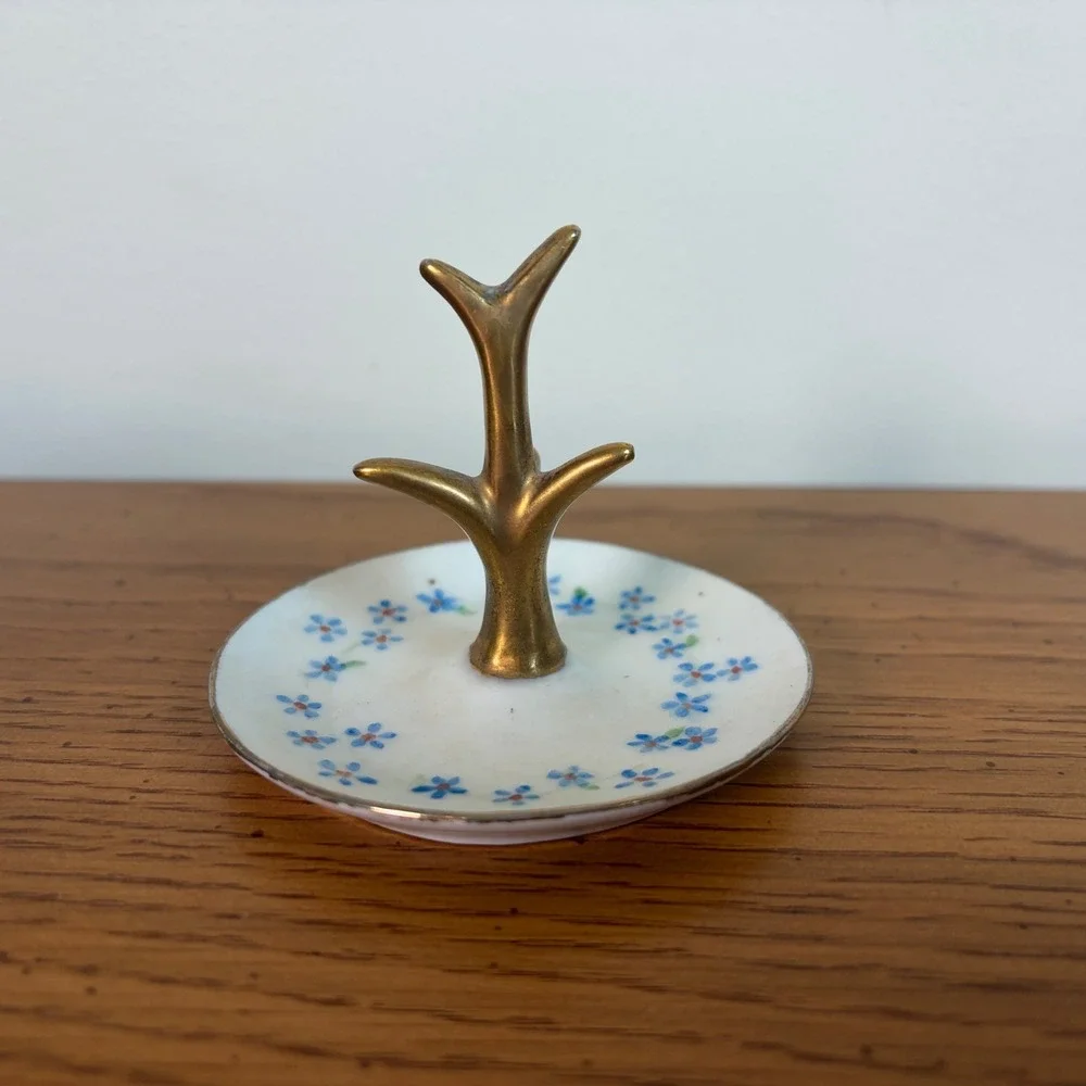 Van Gilder Hand Painted Porcelain Ring Holder Tree Blue Floral Gold Trim